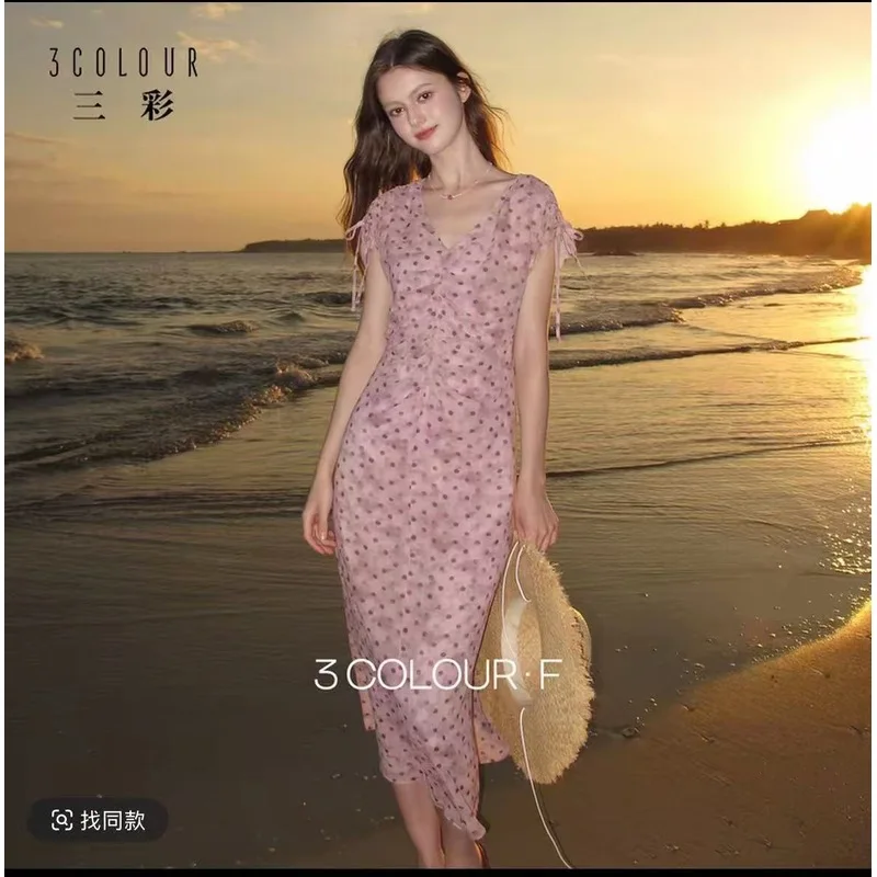 Robe midi élégante et décontractée à pois tricolores, col en V, coupe trapèze, taille haute, manches courtes, style français, en polyester – Collection Été 2026