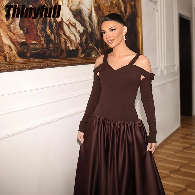 Thinyfull A-line Prom Dress 2026 V-neck Long Sleeves Satin Evening Dress Vestidos De Fiesta Elegantes Party Gown Customized ﻿