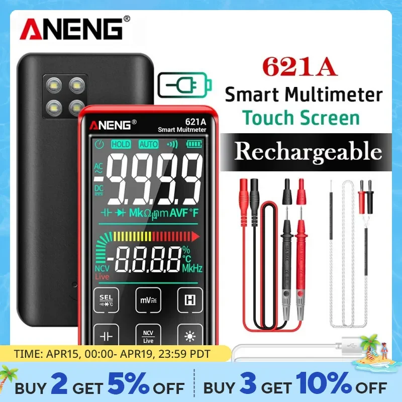 

ANENG 621A Smart Digital Multimeter Touch Screen Multimetro Tester Transistor 9999 Counts True RMS Auto Range DC/AC 10A Meter