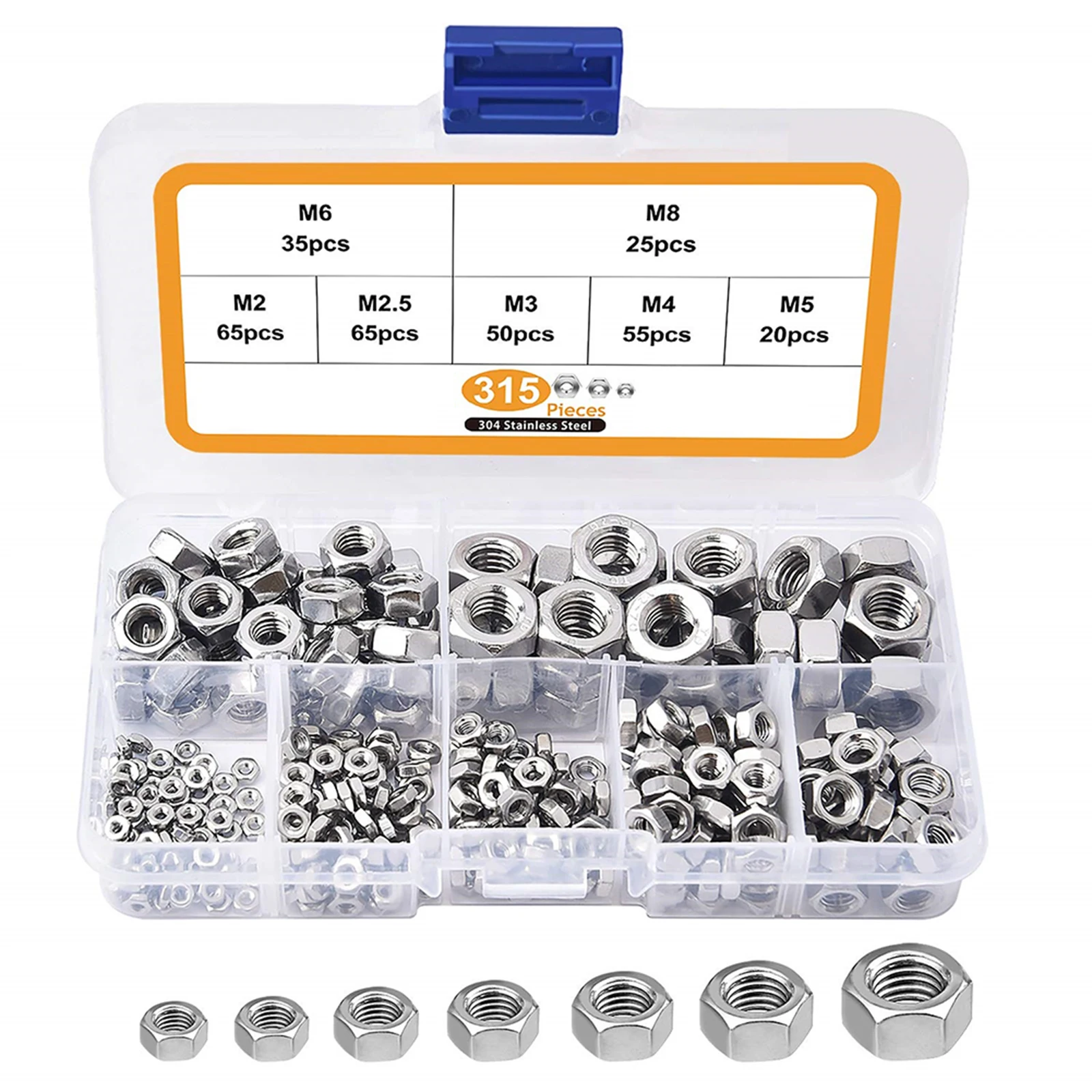 315Pcs Metric 304 Stainless Steel Hex Nuts Assortment Kit For Screw Bolt Rust Resistance And Excellent Oxidation Resistance Tool