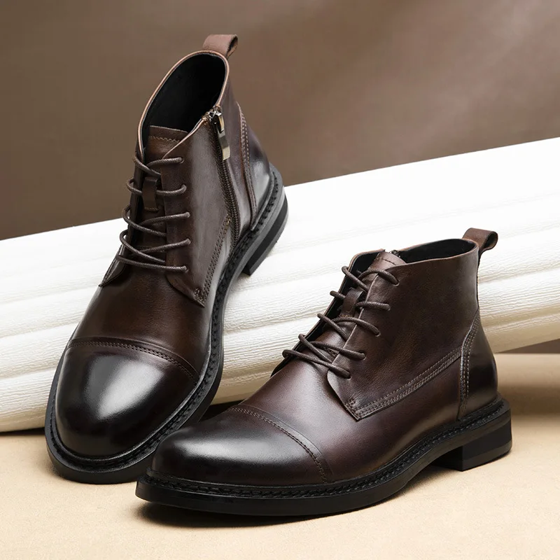 أنيقة رجالي بوط من الجلد الطبيعي الفاخرة اليدوية 2025 الخريف موضة النمط البريطاني الرجعية الكاحل تشيلسي أحذية للذكور حجم 44 #2
