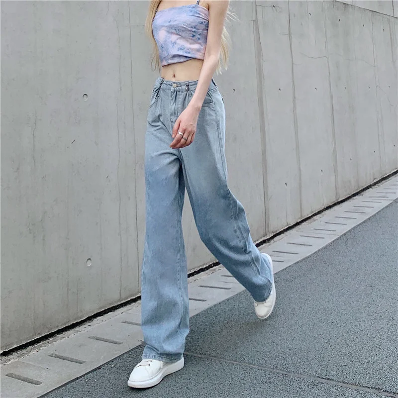 Women Summer New Casual Loose Denim Pants 2024 Low Waist Mom Fit Straight Wide Leg Jeans Gradient Light Blue Baggy Jean Female