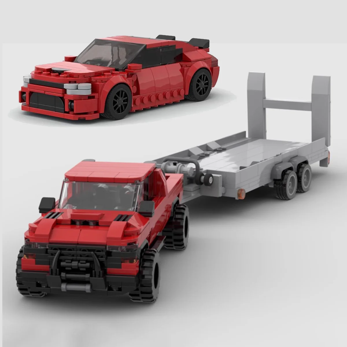 MOC Muscle Car Speed Champions Dodge Ram 1500 TRX With Vehicle Trailer Dodge Challenger Technical Truck Building Blocks Kid Toys