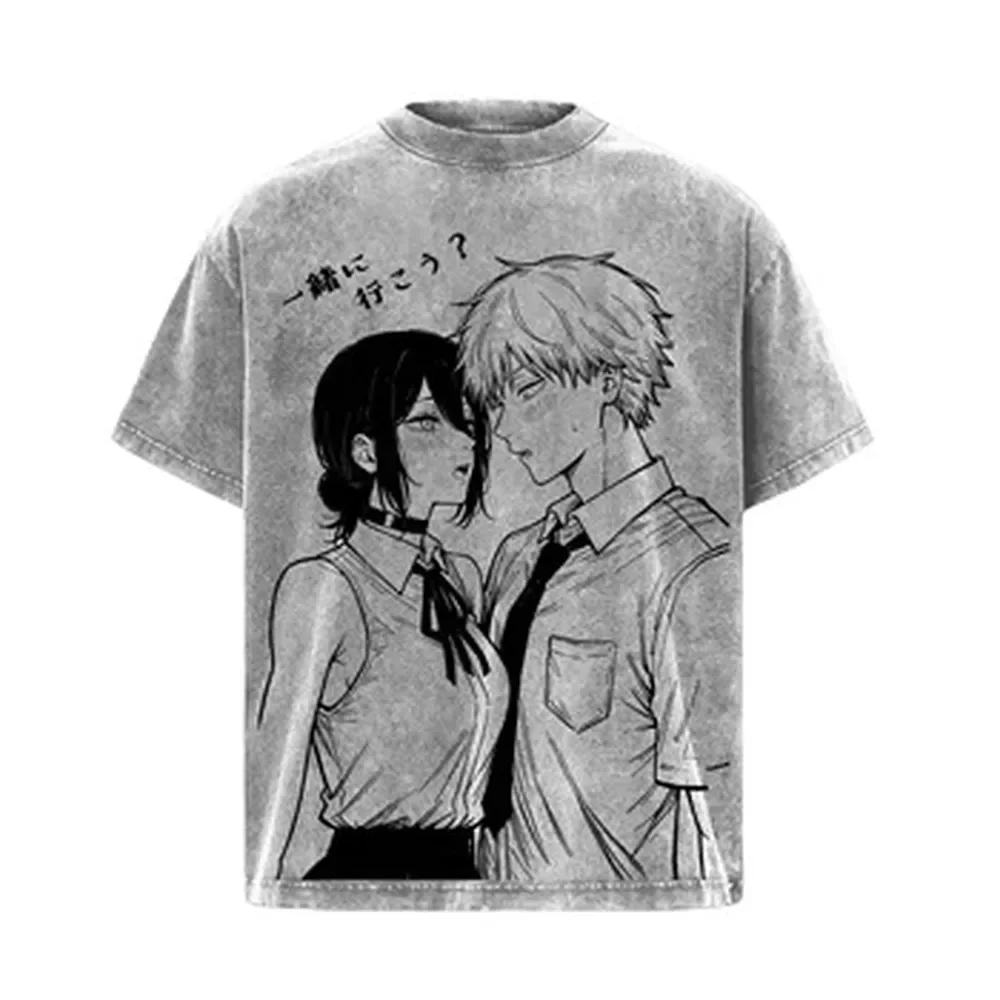 Chainsaw Man Reze Denji Manga T-shirt Vintage Washed T Shirt Men Unisex Clothing Summer Harajuku Casual 100% Cotton Tees Clothes