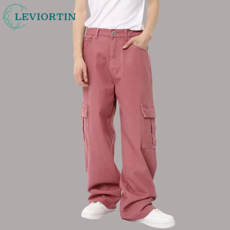 Men's Candy Color Jeans Pants Hip Hop Workwear Straight Leg Denim Pants High Quality Twill Multi Pocket Cargo Trousers Unisex