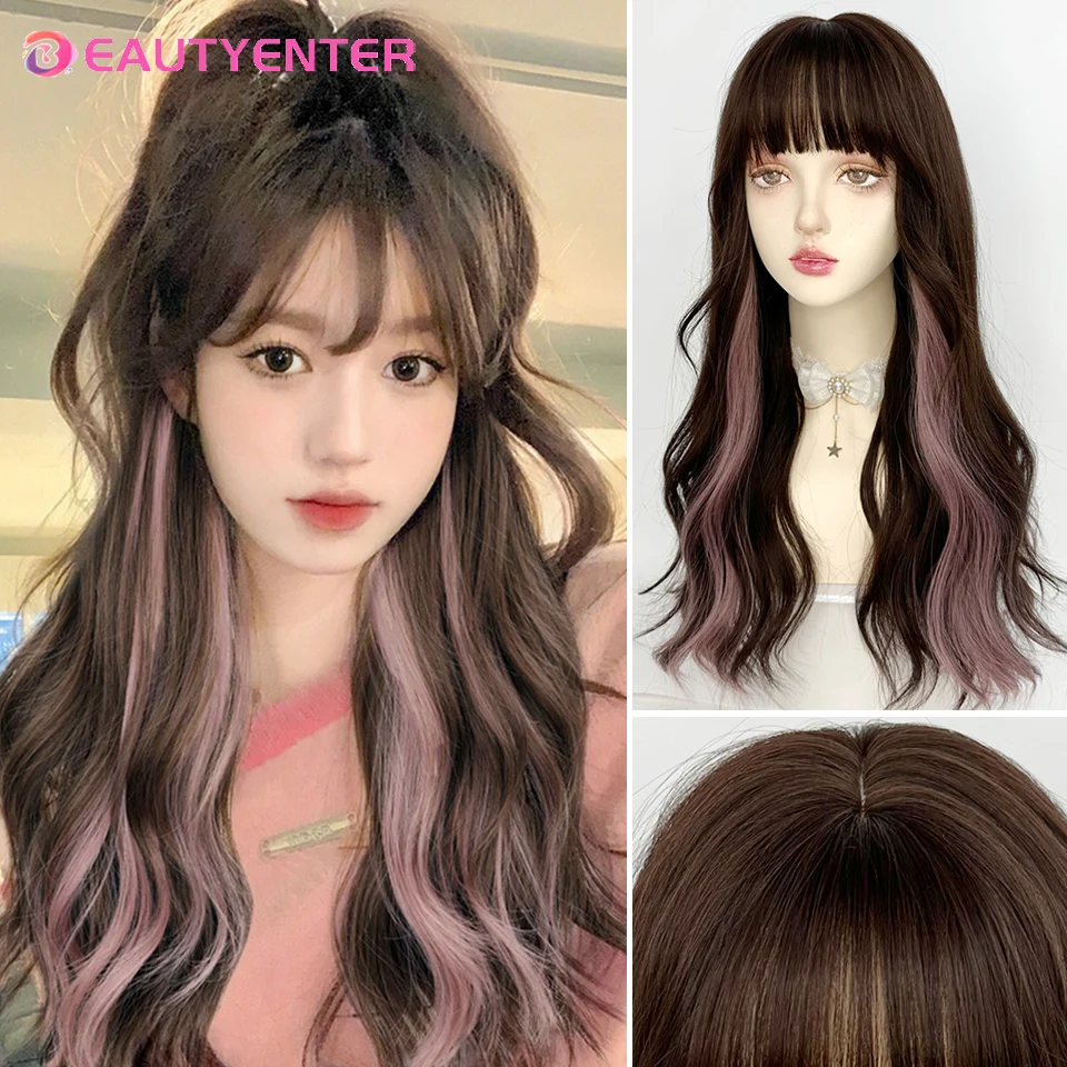 

Synthetic Heat Resistant Curly Hair With Bangs Ombre Brown Pink Wig 24 Inches Full Machine Weave Daily Natural Realistic Wig