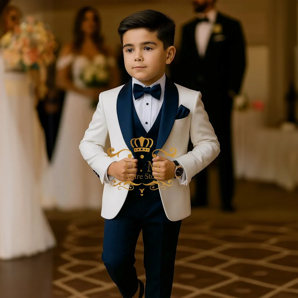 Kids White Tuxedo with Red Lapel 3-piece Set Jacket Vest Pants Custom Clothes of Boys Wedding Suit for Prom Party Gift