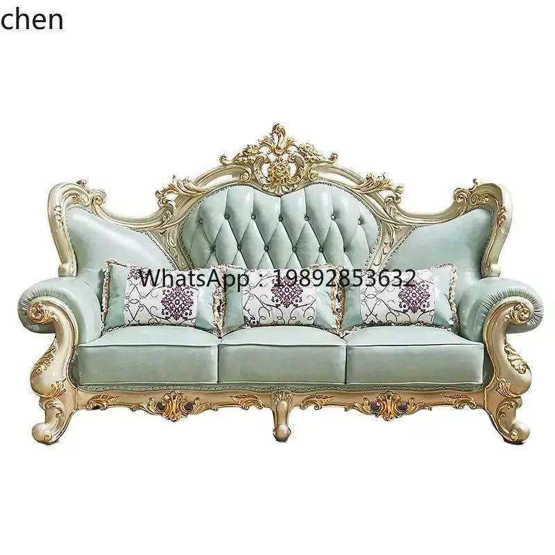 high-end villa sofa combination 1 + 2 + 3 small apartment living room carved first layer real cowhide furniture
