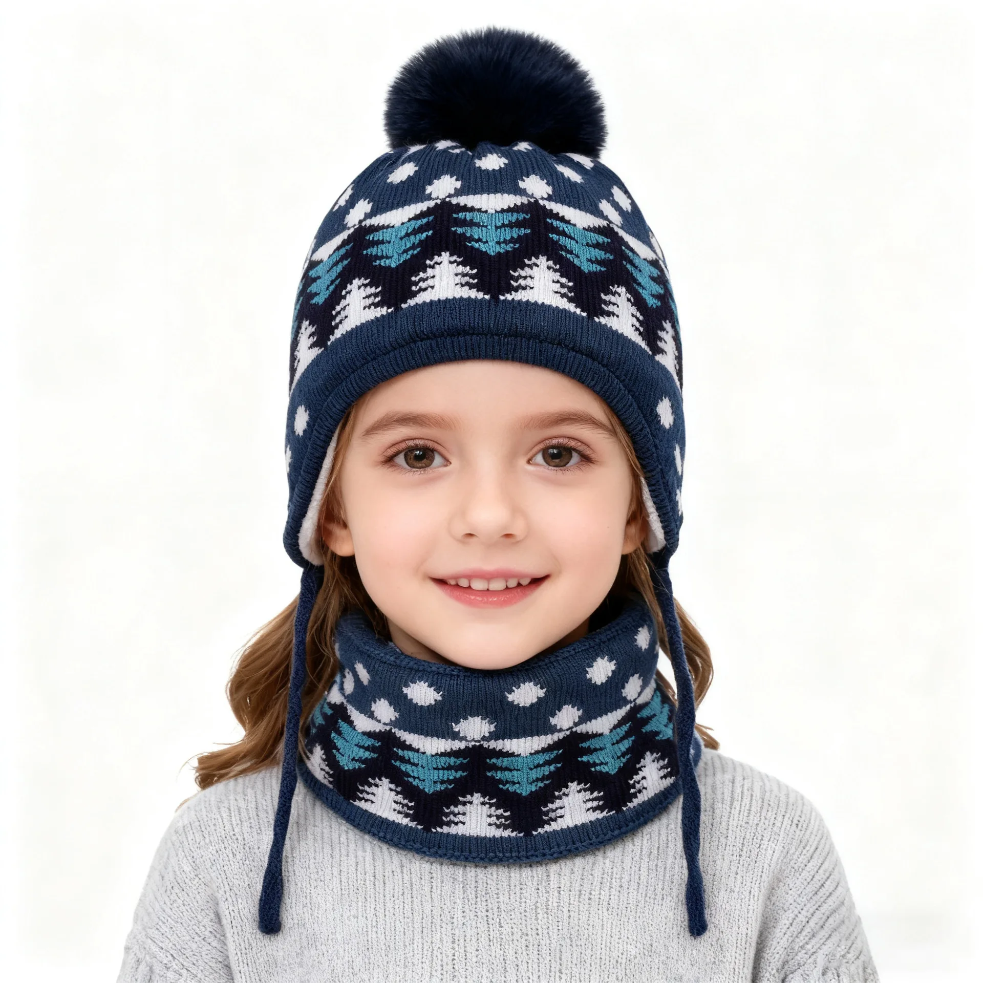 Kids Winter Knit Hat Neck Warmer Set 3‑7Y 49‑53CM Tree Snowflake Pattern Pom‑pom Warm Fleece‑lined Beanie Scarf Set For Boys Gir