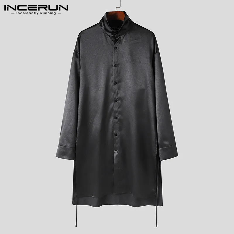 2024 Men Shirt Solid Satin Turtleneck Long Sleeve Button Long Style Shirts Korean Streetwear Fashion Casual Men Clothing INCERUN