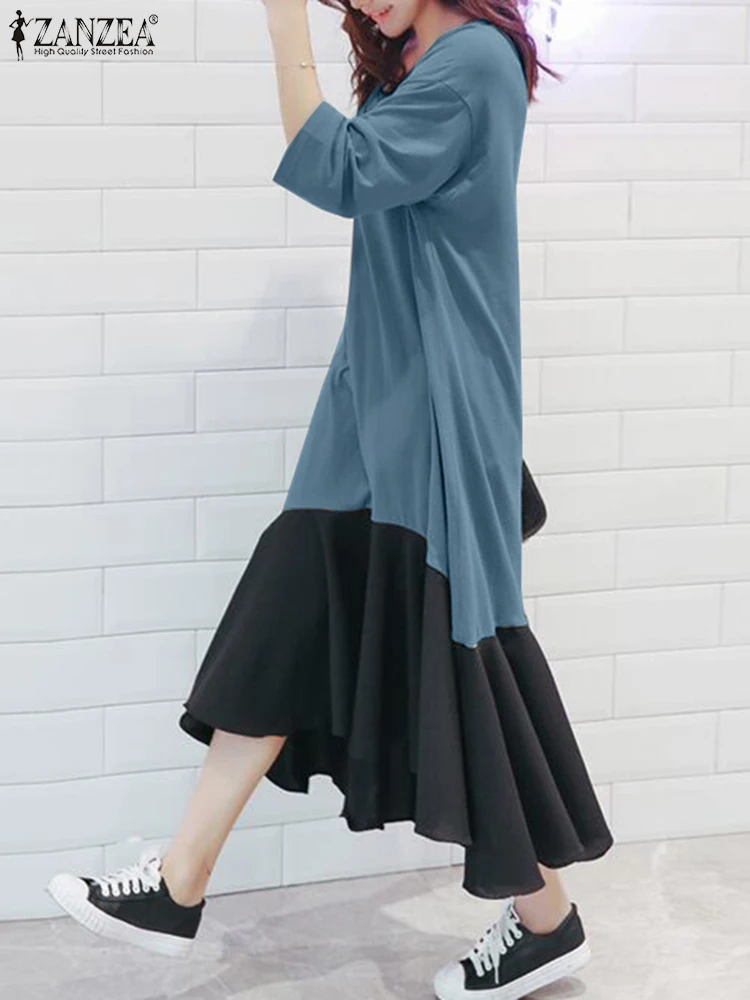 Casual 3/4 Sleeve Robes ZANZEA Elegant Colorblock Midi Dresses 2024 Autumn V-neck Sundress Women Irregular Hem Office Vestido