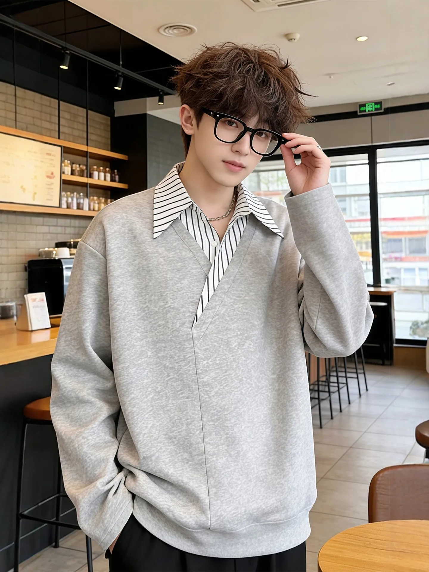 

ey Asymmetrical Collar Fake Two-Piece Hoodie Men's Spring 2026 New High-End Cool Long Sve T-irt American Sle Cotton ...