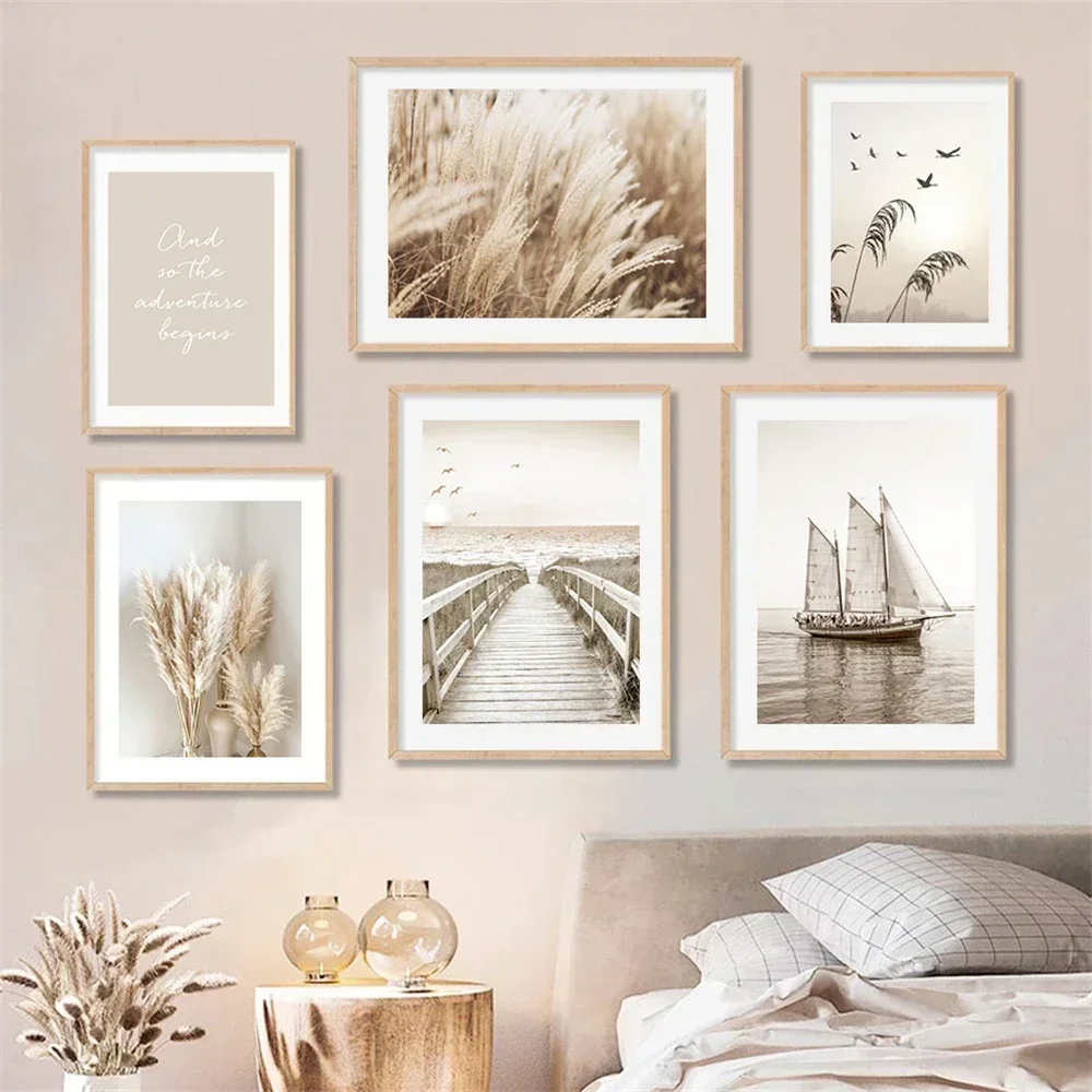 

Nordic Beige Flower Reed Grass Scenery Wall Art Prints Canvas Painting Bohemia Beach Landscape Poster Pictures Modern Home Decor