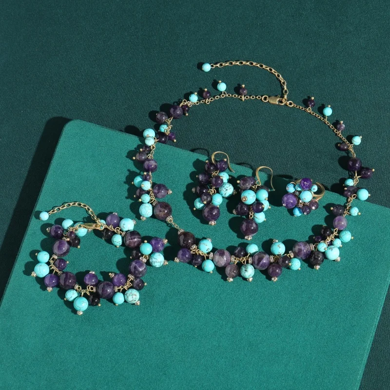 Vintage Turquoise Purple Crystal Grape Jewelry Sets 18k Gold Plated Necklace Earrings Bracelet Rings Natural Stone Classic Gift