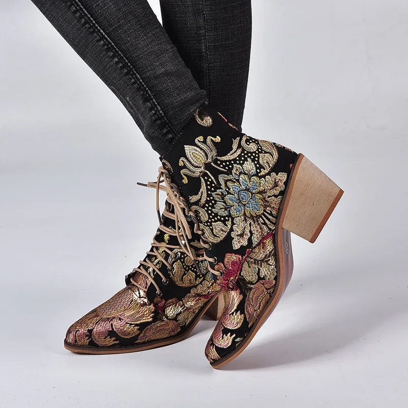 Retro Bohemian Women Ankle Boots Embroider Wedge Booties Vintage Ladies Winter Shoes Woman Pumps 2023 New High Heels Boots