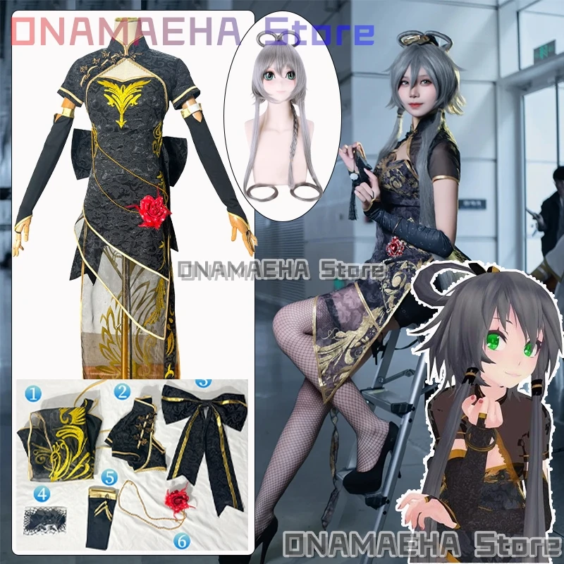 

Vtuber Luo tianyi cosplay cheongsam canary Chinese style Costumes Women's Sexy Black Dress Wig Outfit for Women Role-play Suits