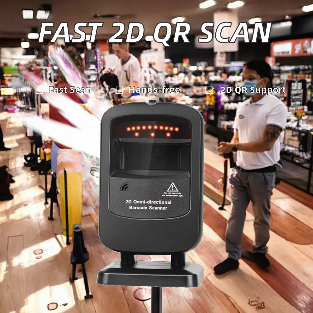 High Speed 2D QR Scan Hands-free Automatic Omnidirectional Desktop Barcode Scanner RS232/USB/COM Interface Stock for Supermarket