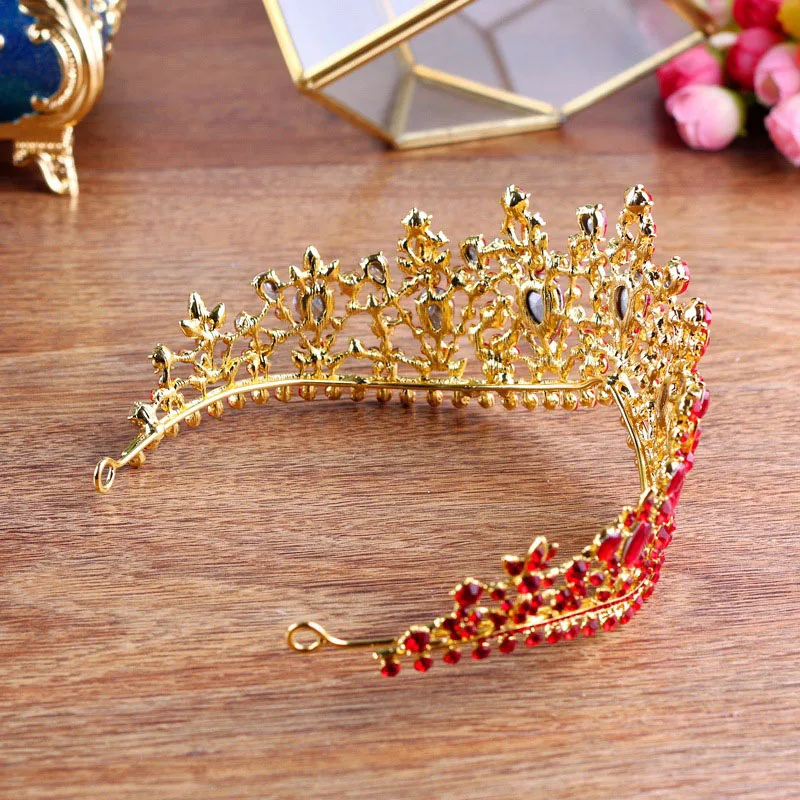 Luxury Gold Color Red Rhinestone Bridal Tiaras Crown Vintage Baroque Crystal Diadem For Bride Headbands Wedding Hair Accessories