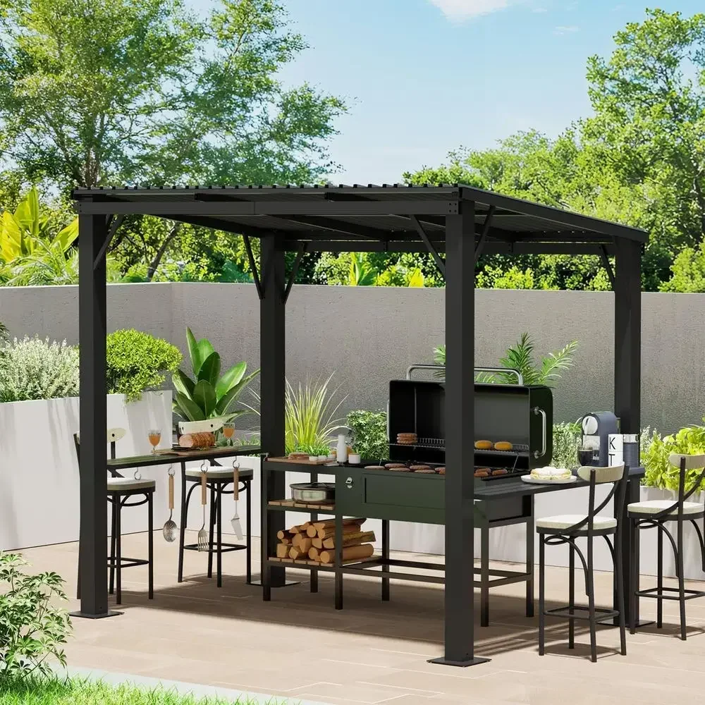 5'x8' Hardtop Grill Gazebo, Outdoor Gazebo with Side Shelves, BBQ Grill with Bottle Opener & Hooks, Metal Gazebo Pergola or Pati