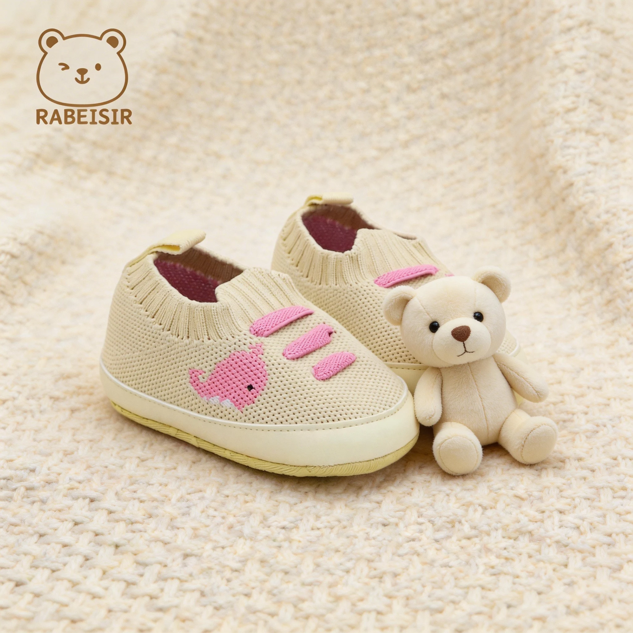 Spring and Autumn Baby Walking Shoes, Soft-Soled Lightweight Slip-On Casual Shoes, Beige Knitted Sock-Style Cartoon Little Whale Casual Baby Shoes, 0-18 Months Pre-Walking Shoes