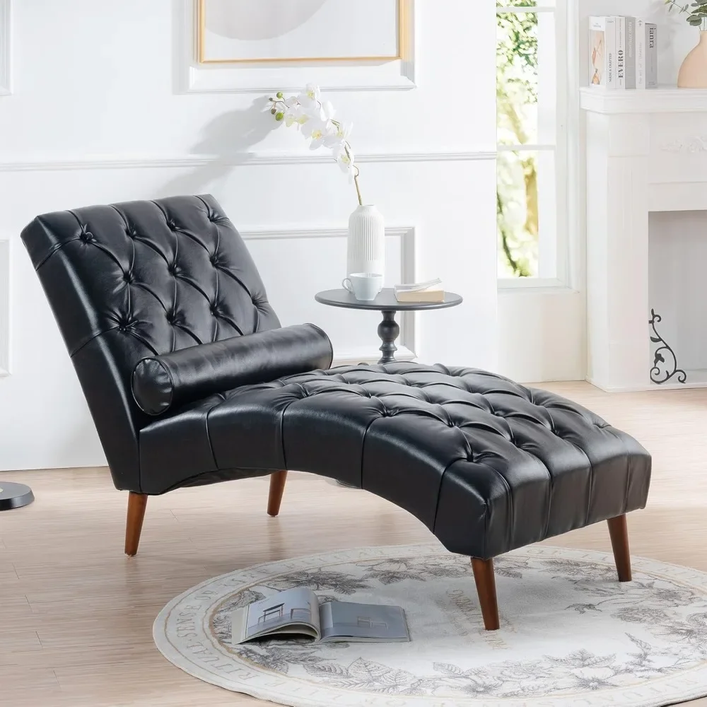 Button Tufted Faux Leather Chaise Lounge Sleeper Chair with Solid Wood Pillow for Living Room Bedroom - Comfortable Upholstered