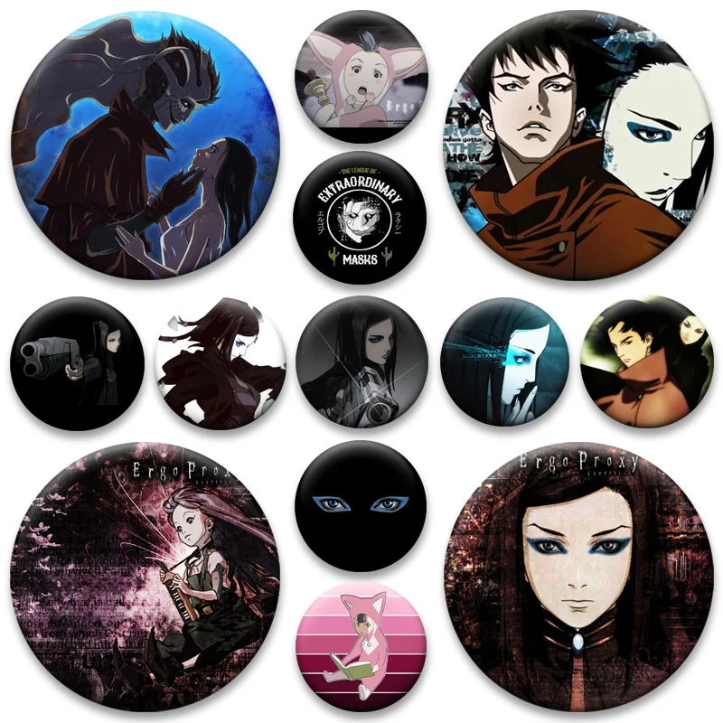Anime Ergo Proxy bouton broches rondes dessin animé broches Re L Mayer, Vincent loi, Pin Badge sac à dos accessoires Fans recueillir des cadeaux