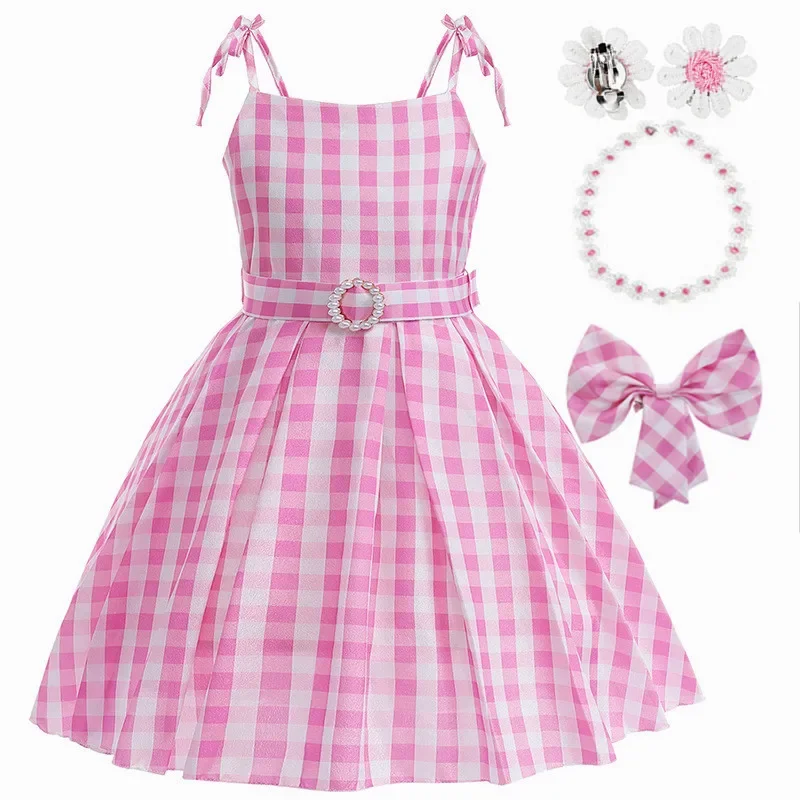 

Girls 2024 Movie Cosplay Costumes Party Princess Dress Pink Kids Plaid Elegant Dress Children Dress with Accessories