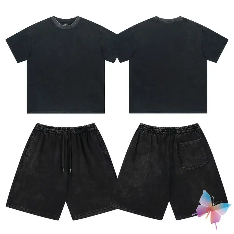 Vintage Streetwear Washed Worn Solid Black T-shirt Set Heavyweight Neckline Short Sleeves Men Women Drawstring Shorts Cleanfit