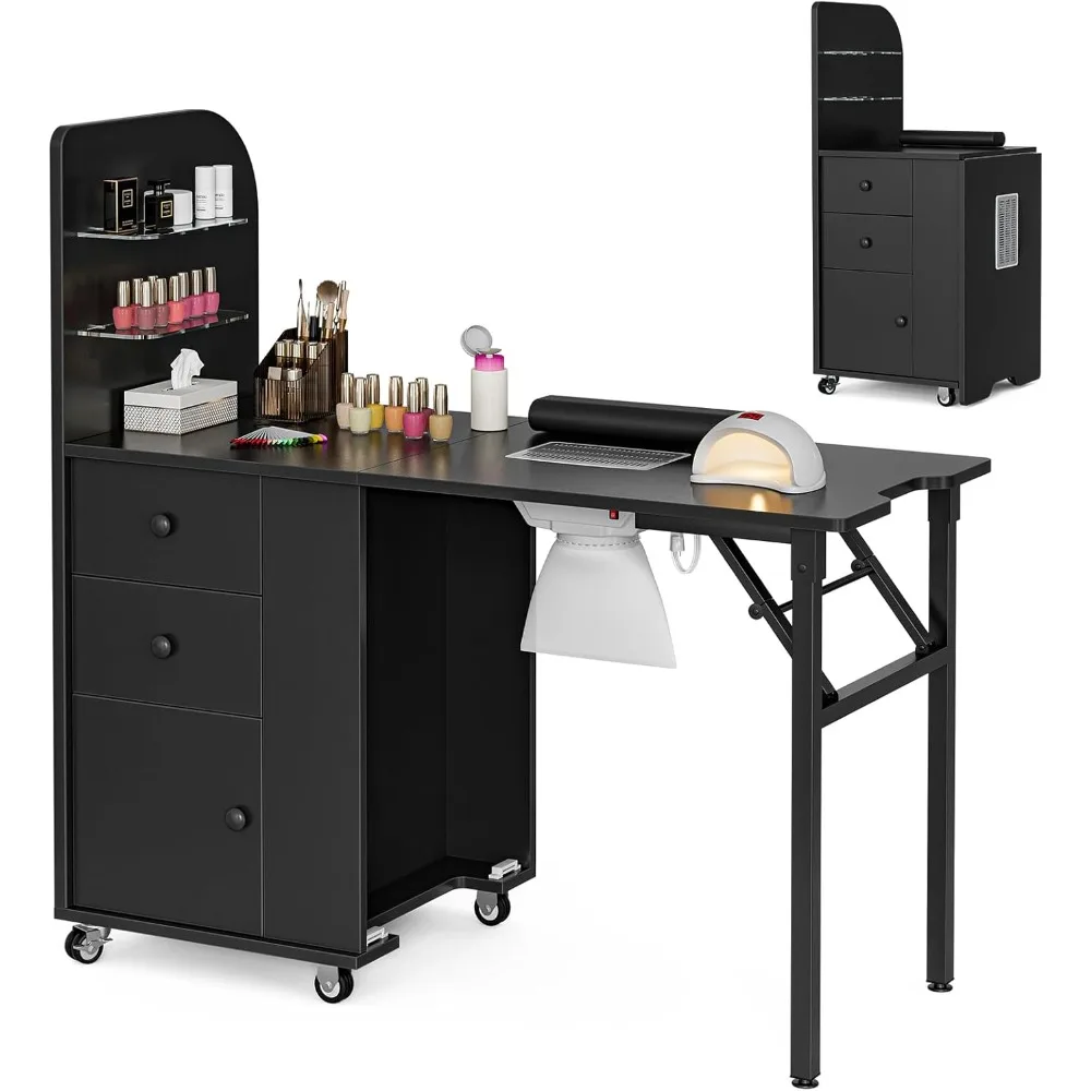 

Foldable Nail Desk Manicure Table, Folding Nail Table Station for Nail Tech w/Dust Collector, 2 Open Shelves & 2 Drawers