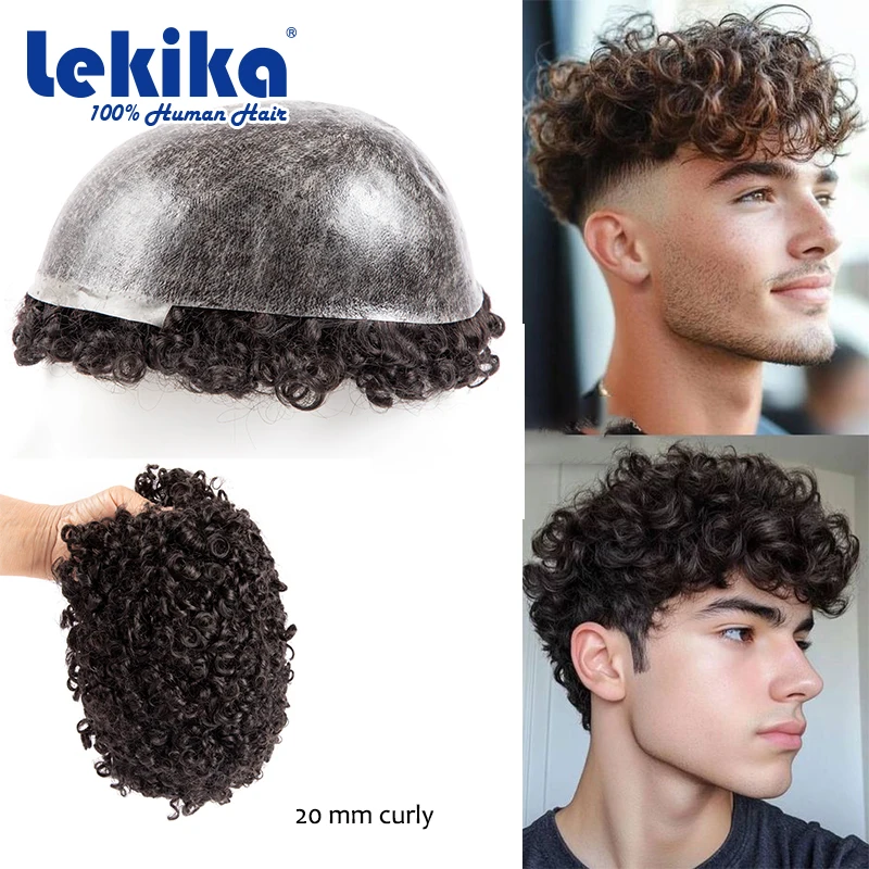 Full Skin Base 20mm Curly Human Hair Wigs for Men Durable Man's Wigs Capillary Black Hair Piece 130 Density Natural Frontline