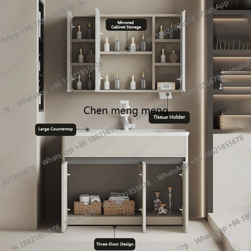 Bathroom Vanities Cabinet with One Piece Wash Sink Basin Combo Wall Mounted Floating Cabinet with Mirror Cabinet Faucet Set