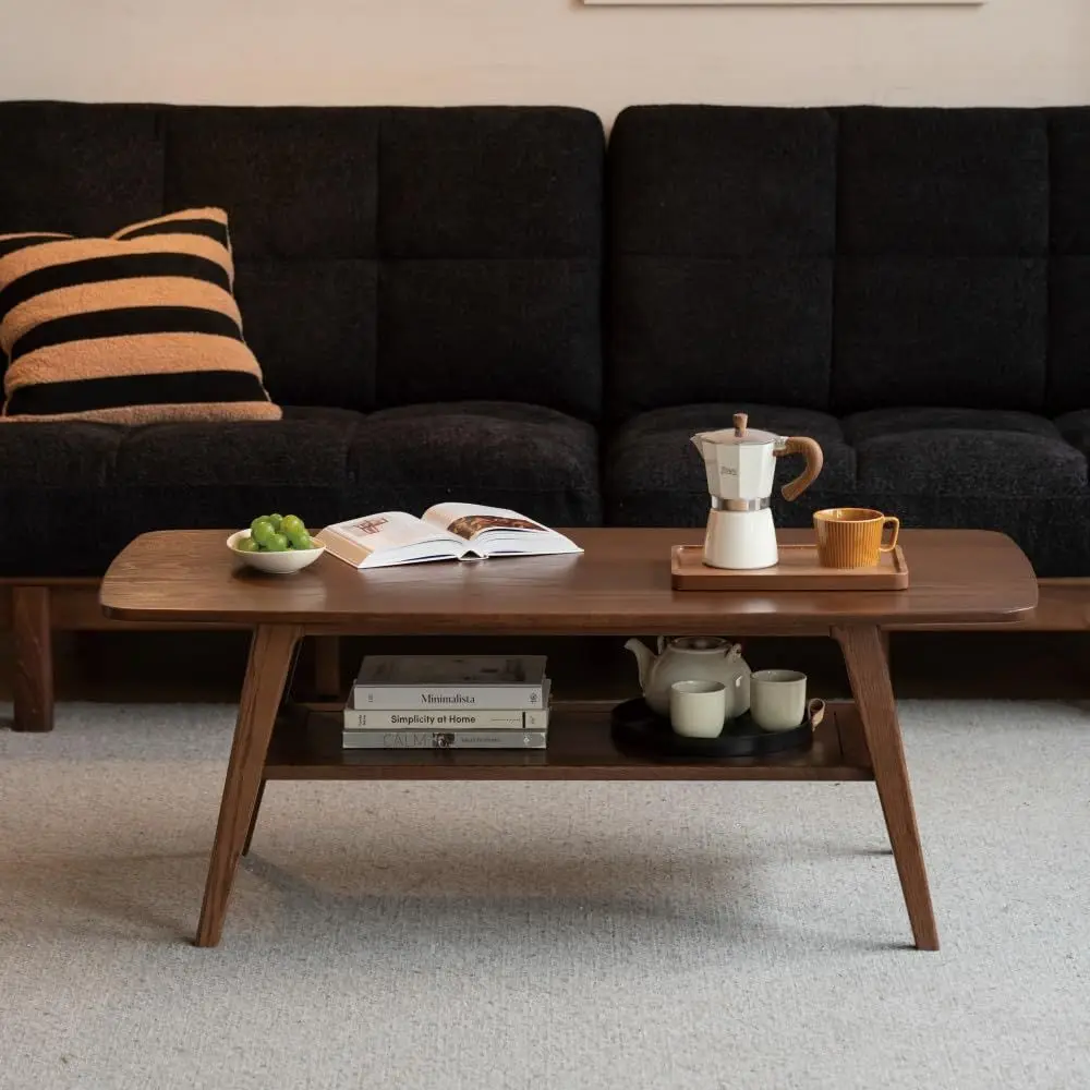Solid Wood Coffee Table for Living Room, 39.37 Mid Century Modern Tables with Shelf Storage, 2Tier Coffee Table with Rounded Co
