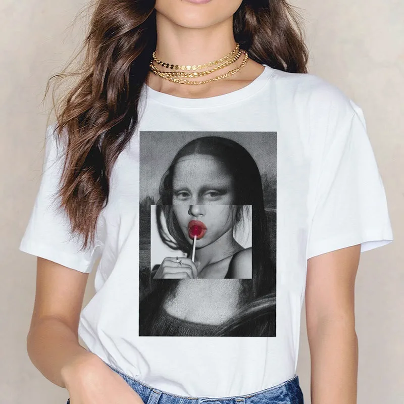 Mona Lisa Drinking Beverages Printed Tshirt Summer Breathable Casual T Short Sleeves Streetwear T-shirt Fashion Women Clothes