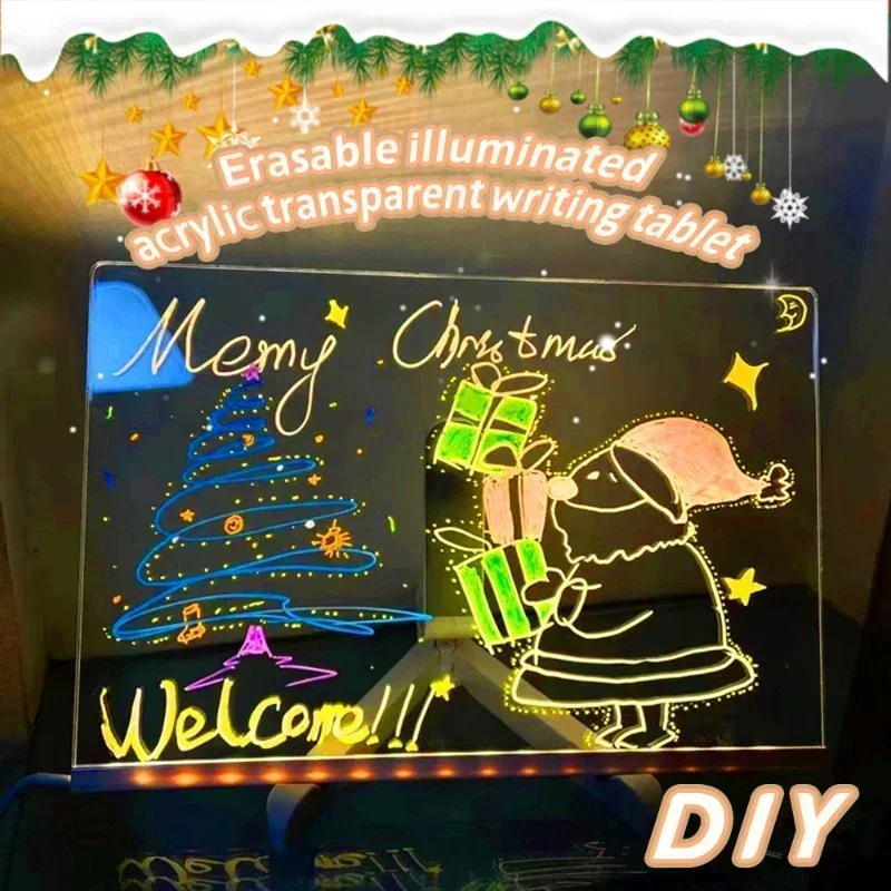 Hot Christmas DIY Erasable And Luminous Acrylic Transparent Writing Board LED Fluorescent Board Children\'s Puzzle Drawing Toys