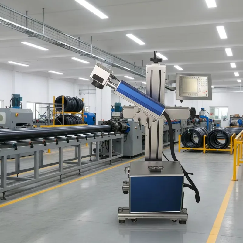 No Consumable 20W 30W 50W 100W Online Flying Fiber Marking Machine for PE Pipe Plastic Wire Cable Marking PVC