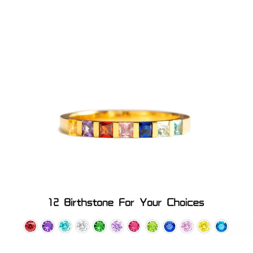 DOREMI Waterproof Tarnish Free Stainless Steel Birthstone Ring Rainbow Square CZ Eternity Band Stackable Personalized Gift Ring