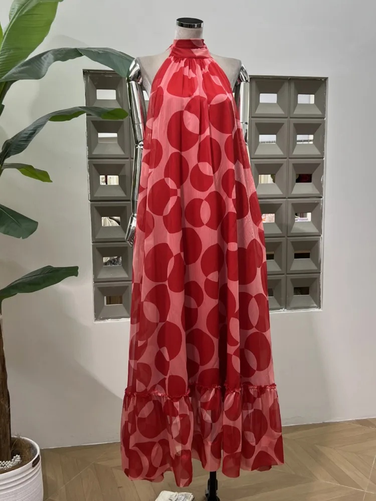 Sukienka damska DFDG na sezon resort 2025, zwiewna, z dekoltem typu halter, bez pleców, bez rękawów, z falbanami, warstwowa, długa, codzienna, w stylu boho, idealna na wakacje na plaży.