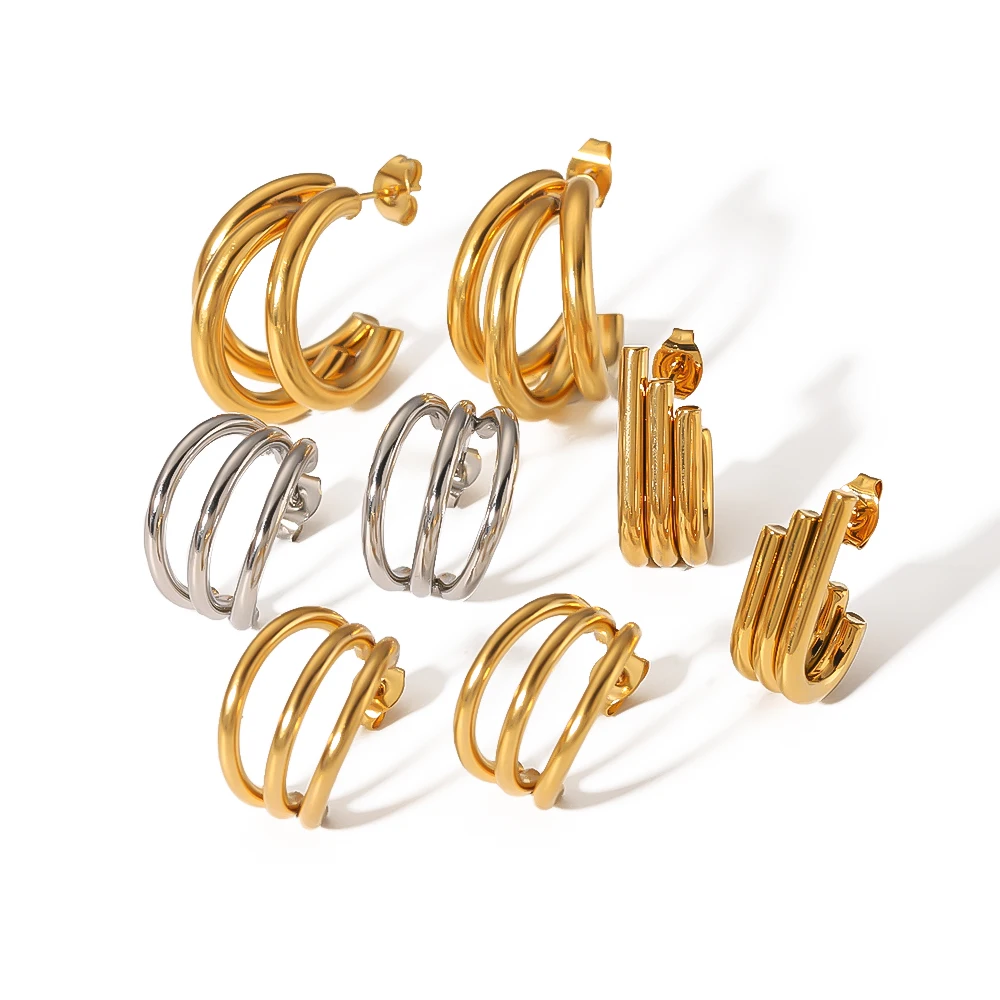 Chunky Triple Hoop Earrings 18K Gold plated  Stainless Steel Fine Jewelry Minimalist Bold three Layer Line Earrings For Women