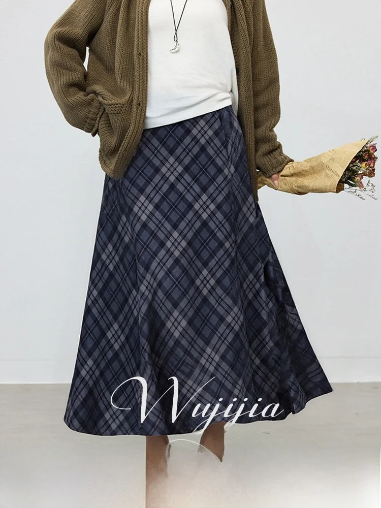 

Новая зимняя юбка миди А-силуэта в стиле ретро с высокой талией, свободного кроя, в клетку, для повседневной носки и работы, больших размеров