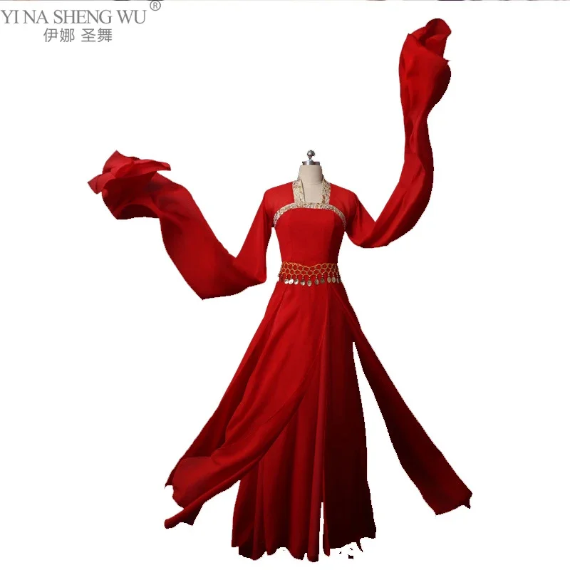 Traje de dança folclórica chinesa para adultos, vestido de strass tradicional, manga d'água, roupas Dacne, traje Yangko, Hanfu Fan Vermelho