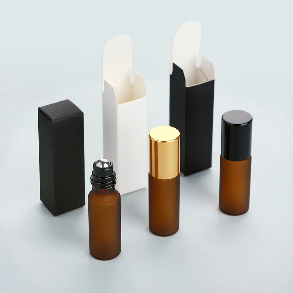 50/100 قطعة 5 مللي زجاجات عطر صغيرة محمولة من الزجاج البلوري البني، متدحرجة ناعمة، مانعة للتسرب، قابلة لإعادة الاستخدام، مع صناديق خارجية