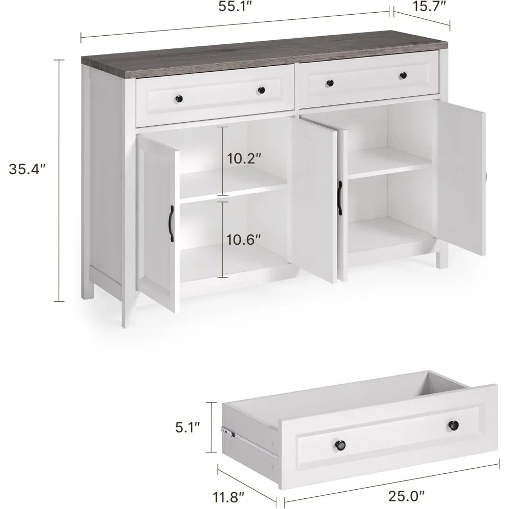 소박한 나무 사이드보드 뷔페 캐비닛, 수납 공간, 커피 바, 서랍 및 문 포함