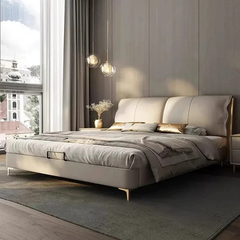 Kawaii Soft Frame Double Bed High End Wood White Safe Luxury Queen Beds Modern Upholstered Leather Lozko Sypialniane Furniture