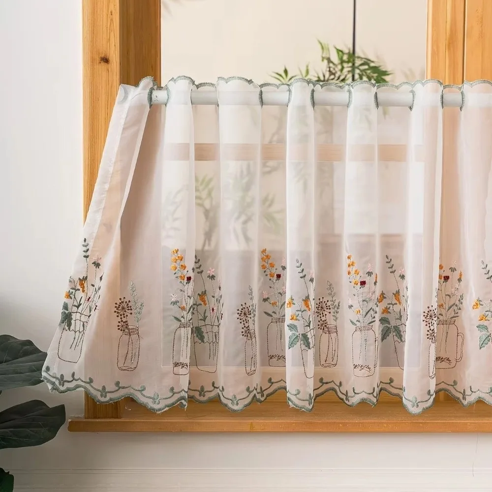 Farmhouse Style Sheer Cafe Curtain Semi Sheer Rod Pocket Kitchen Valance Curtain Floral Embroidered Short Length