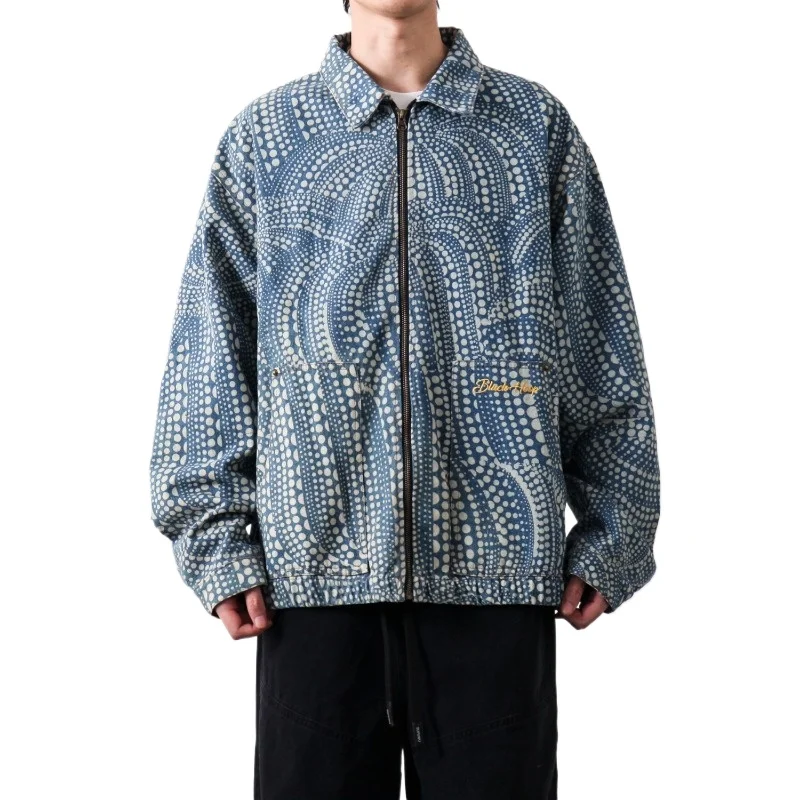 

American Retro Workwear Denim Jacket Polka Dot Pattern Design Collar Mens Versatile Loose Casual Trendy Brand Top Unisex Outwear