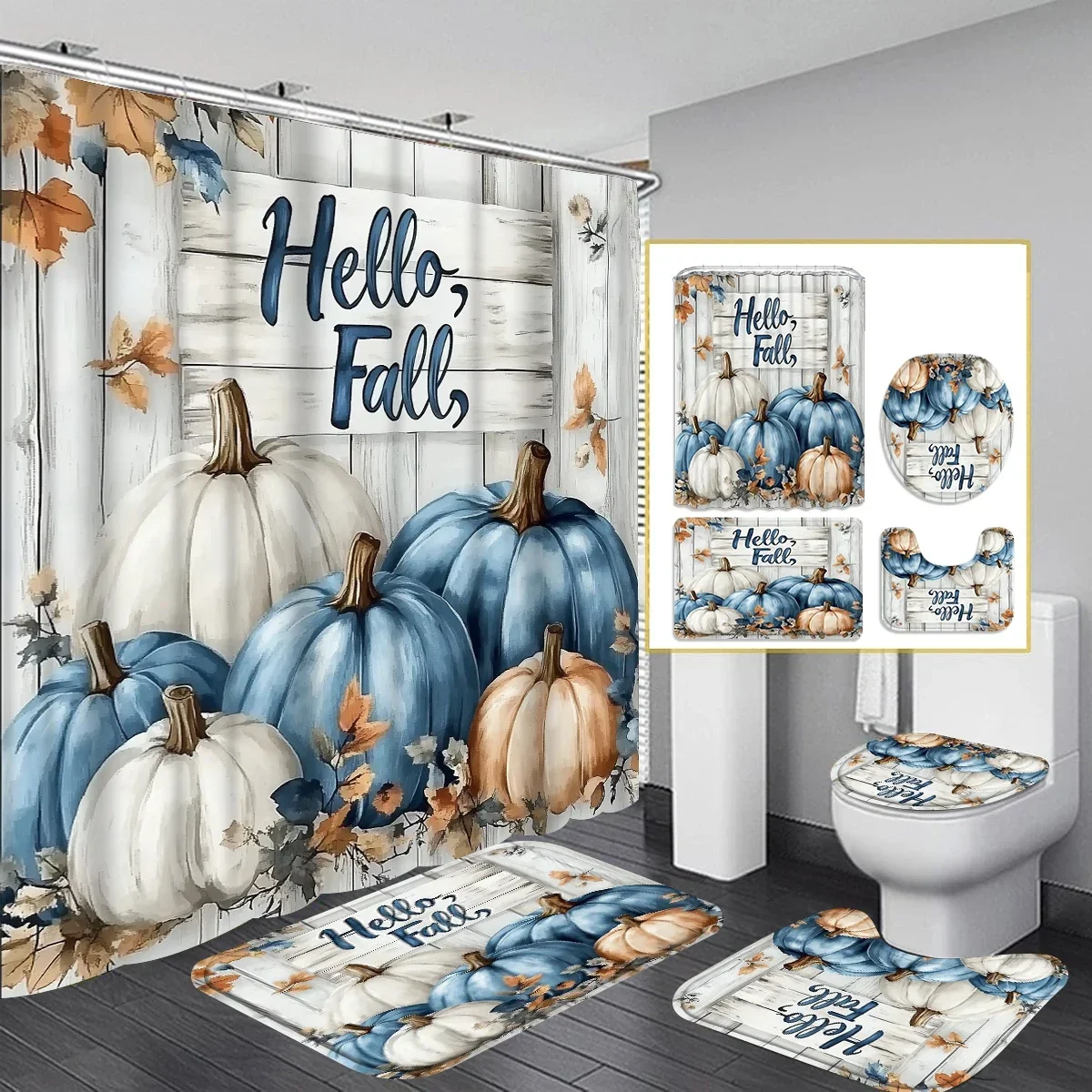 Bathroom 4-piece Fall Pumpkin Themed Set Includes Shower Curtain,non-slip Mat,toilet Seat, Blue,white and Orange Pumpkin Pattern