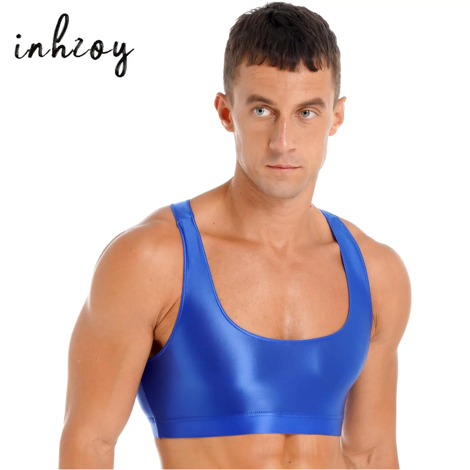 Mens Glossy Sport Top Oil Smooth Sleeveless Racerback Muscle Crop Tops Vest Sexy Slim Fits Workout Fitness Tank Top