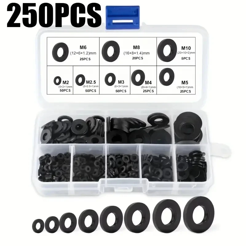 250 pcs Nylon Washer Flat Assortment Set with 8-size Safety Plates M2 M2.5 M3 M4 M5 M6 M8 M10 Nylon Sealing Washers