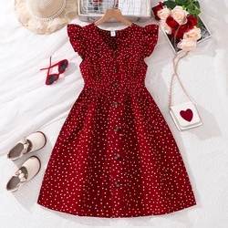 Kids Summer Girl 8-12 Years Old Red Sleeveless Flying Sleeve Polka Dot V-neck Waist Dress Simple Temperament Fashion Daily Style