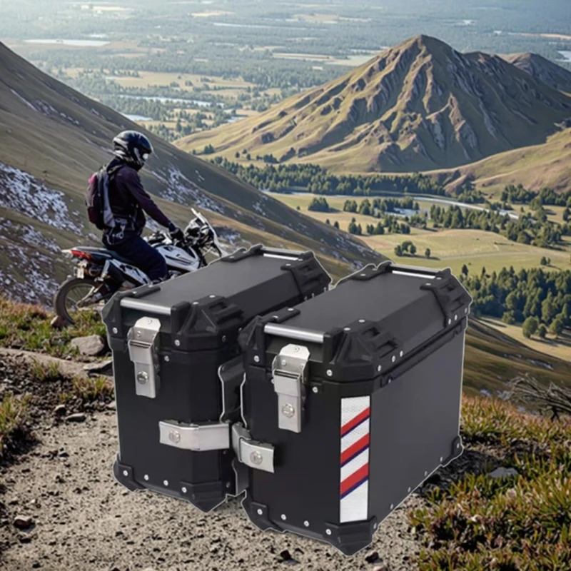 38L Black Durable Aluminum Motorcycle Waterproof Rear Top Case Side Storage Box Set with Side Mount Plate Universal Accessories